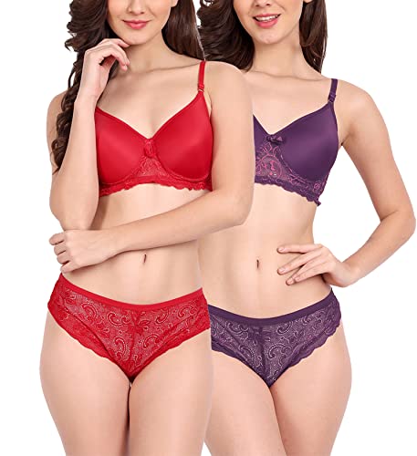 Image of FIMS - Fashion is my style Women Cotton Floral Lace Padded, Non-Wired, Full Coverage, Seamless Bra Panty Set, Multicolor, Lingerie Set