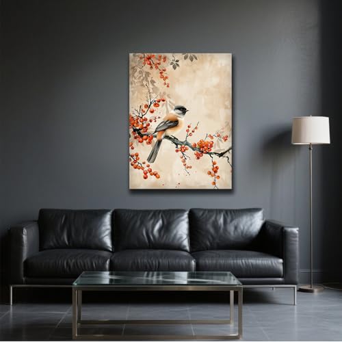Oiseau d'automne sur branche tableau décoration murale maison
