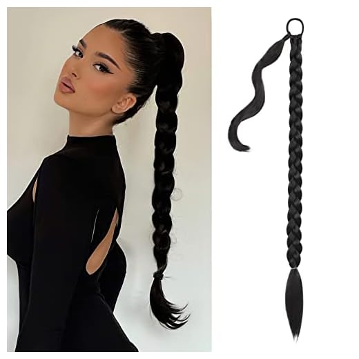NANNAN 32inch Long Braided Ponytail Extension with Hair Tie Black Straight Wrap Around Hair Braid Extensions for Women Synthetic High Temperature Fluffy Natural Soft Hair Piece for Women Daily Wear