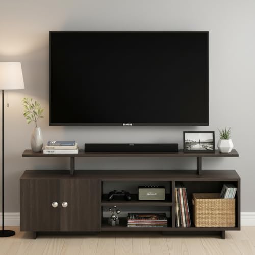 Image of FURNEASER Eskido Engineered Wood TV Entertainment Unit, Floor Standing TV Cabinet with Storage Shelves for Living Room, TV Stand for 32,43,50 & 55 Inch TV (Exotic Teak & White) (Wenge)