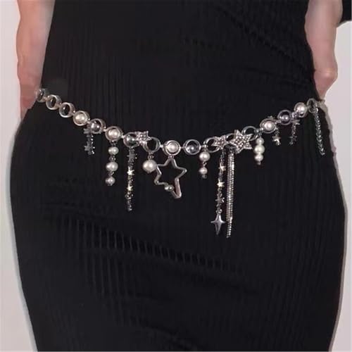 Stylish Five Point Star Button Fringe Waist Chain Adjustable Metal Belt Accessory For Women Lady Party Outfit Stylish Metalli4