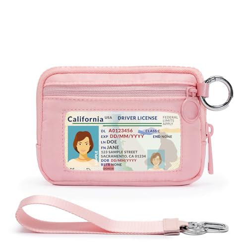 Small Nylon Wristlet Wallet for Women Minimalist Zip Keychain Coin Purse Card Case with Clear ID Window Water-Resistant Pouch