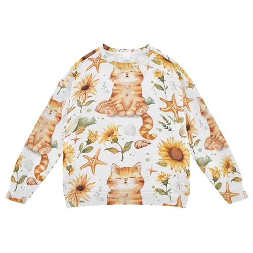 JUNZAN Cute Cartoon Cats Sunflowers Seastars White Little Boys Sweatshirts Hoodies Crewneck Kids Hoodies Boys Camping 4T