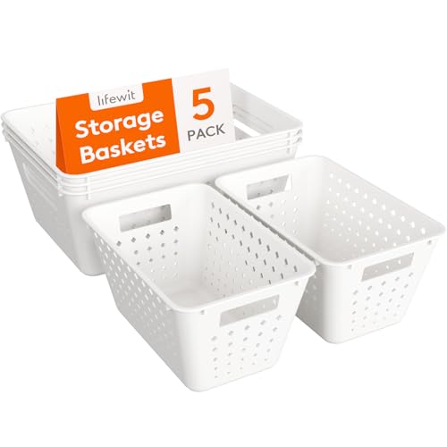 Lifewit Juego de 5 cestas de almacenamiento de plástico, contenedores apilables para organizar, varios tamaños de contenedores abiertos para estanterías/cocina/baño/oficina/armario, 3 grandes y 2