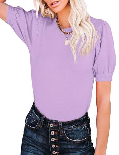 Image of Womens Puff Short Sleeve Sweater Tops Crewneck Basic Knit Pullover Lightweight Casual Sweaters