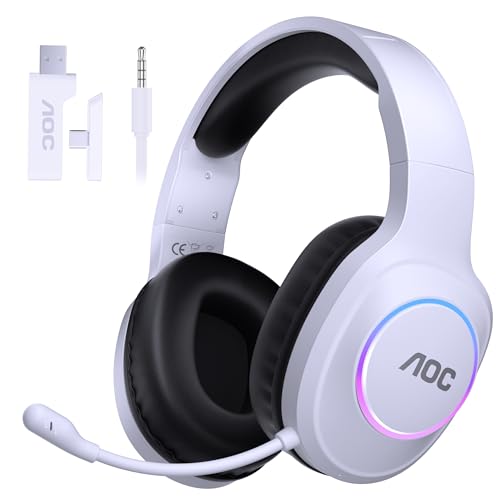 Image of AOC Wireless Gaming Headset Compatible with ps5 /4, PC, USB-C & Bluetooth 5.4 & 2.4GHz Gaming Headphones with Noise Canceling Mic, 7.1 Virtual Surround,20ms Latency, 45H, RGB- White