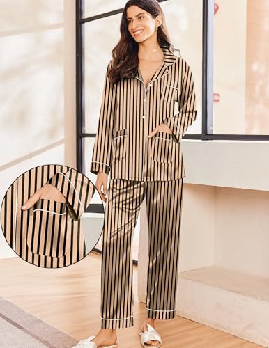 Image of Ekouaer Pajamas for Women Silk Satin Button Down Long Sleeve Pajama Sets