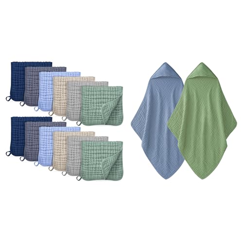 Image of Unnivoll Muslin Burp Cloths 12 Pack - Multicolor & Hooded Baby Towels 2 Pack - Green and Blue