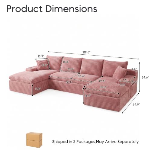 Image of 120 inch Modular Sectional Sofa, U-Shape Boneless Couch, Pink