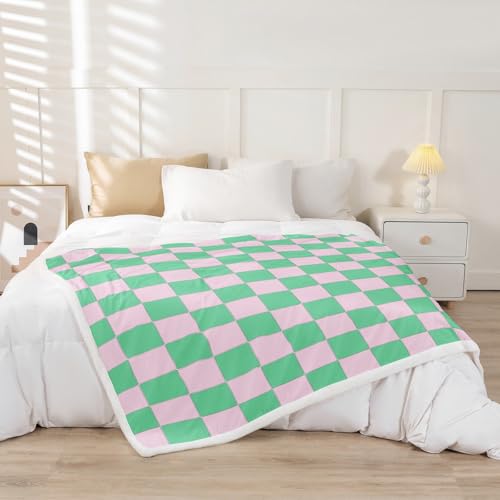 Image of Erosebridal Initial Letter A Fleece Blanket Twin 60 inchx80 inch Pink and White Checkered Sherpa Blanket Cute Monogram Plaid Fuzzy Plush Throw for Kids Girls Women,Kawaii Gingham Grids Decor for Bed Couch