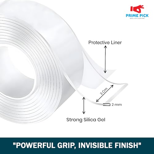 Image of PRIME PICK Double Sided Nano Tape, Transparent, 3m x 30mm, 1mm Thick, Strong Silica Gel, Residue Free, for Wall Mounting, Home, Office & DIY Use (3Mx2MM Transparent)