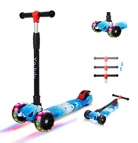 Zicosy Kids Scooter 3 Wheel Scooter,Adjustable Height Scooter for Kids ,Lean to Steer with Extra-Wide pu led Light up Wheels,Scooter for kidsfor Boys & Girls from 3 Years Old and up (Blue)
