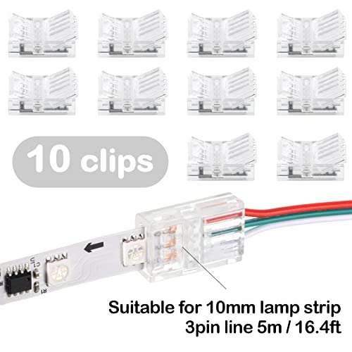 Image of 10 Packs Solderless LED Strip Connector, Transparent Track Lighting Connectors, Wire Strip Lights, 16.4 Feet LED Strip for LED Pin Connector (3 Pin, 10 mm)