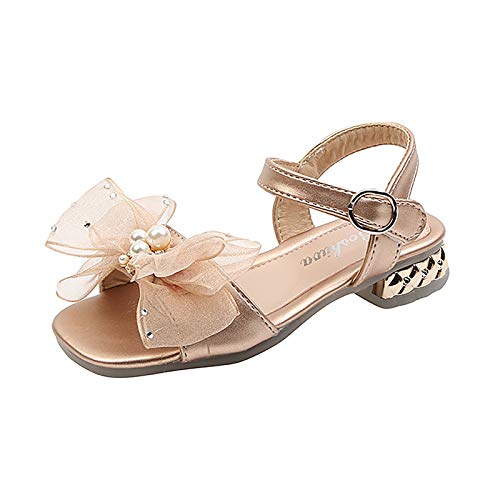 Children Sandals Soft-Soled Princess Shoes Slippers Pearl Children Non-Slip Bowkont Flat Girl's (Gold, 10.5-11Years)