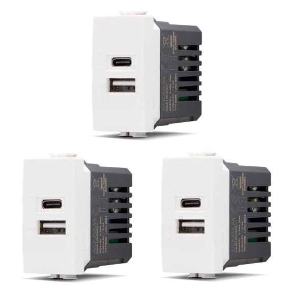 Set 3 Pezzi - Doppia Presa USB USB-A + USB-C - 5V 2.4A Compatibile Matix - Bianco - Interno
