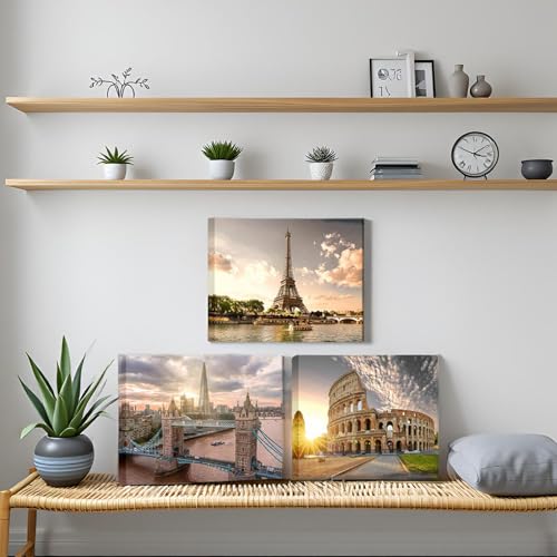NutArtPic European Cityscape Wall Art - Paris Eiffel Tower, London, Rome Canvas Prints - Framed Landscape Paintings for Living Room, Office & Bedroom Decor - Ready to Hang Framed 12''x16''x3panels by NutArtPic - Used condition - Image 6