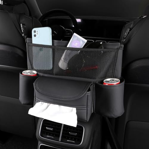 OtpOutopa Car Purse Holder Between Seats Car Organizer, Leather Large Capacity Car Handbag Holder for Front Seat, Seat Back Net Bag Double-sided Tissue Storage Handbag Holder Car Divider (Black)