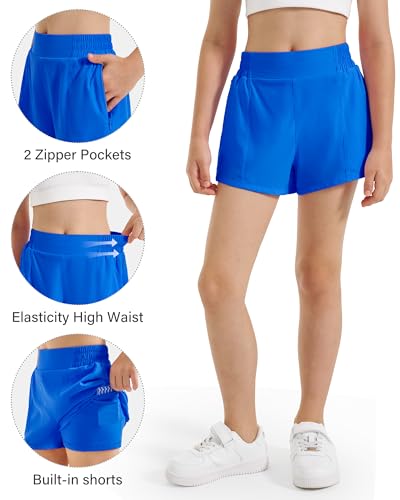 Stelle Girl's Athletic Shorts with Liner Zipper Pockets Elastic Waist Running Shorts Sports Active Shorts for Teen Kids(Sapphire,XXL) — view 4