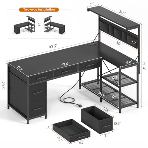 SEDETA L Shaped Gaming Desk, 47.2" Reversible Small Computer Desk with 5 Drawers and Storage Shelves, Corner Gaming Desk with LED Lights and Power Outlet, Black