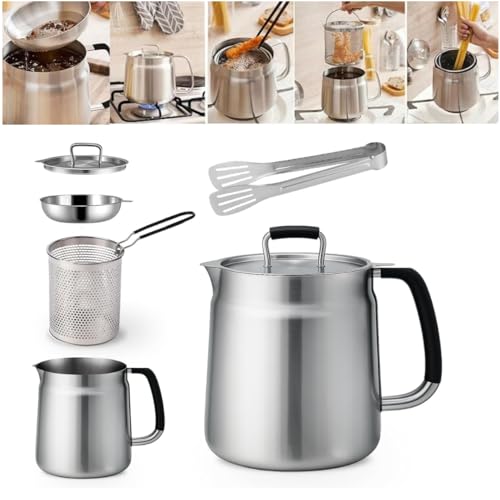 68oz 3-in-1 304 Stainless Steel Oil Filter Pot with Fine Mesh Strainer, Frying Basket & Tong, 2L Bacon Grease Container with Heat-Resistant Handle for Kitchen