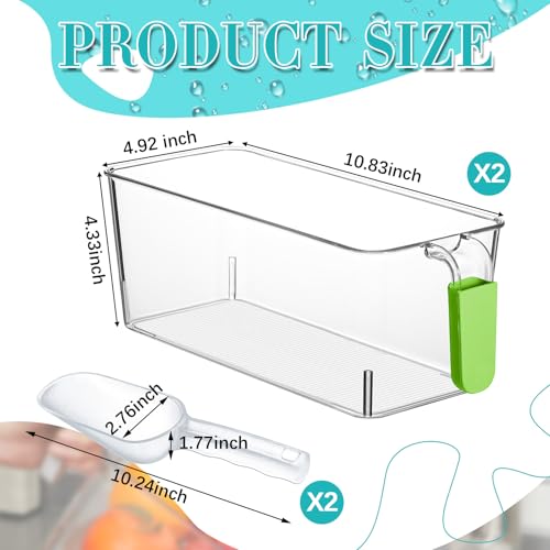 Image of Havawish Ice Storage Bin and Flexible Scoop Set Plastic Freezer Bin with Pull Out Handle Storage Bucket Clear for Container with Scoop(Green,10.83 x 4.92 x 4.33 in,Classic)