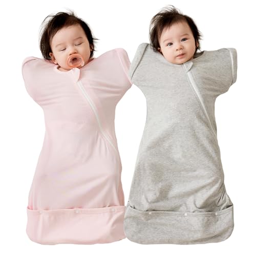 Image of Duomiaomiao 2 Pack Baby Transition Swaddle Blanket, Snap Arms Up Baby Sleep Sack for All Seasons, 100% Cotton Baby Essentials for Newborn Boys Girls 0-6 Months, Gray & Dinosaurs