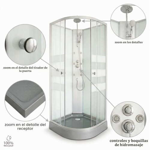 Miniatura 4 de Ondée - Cabina De Ducha Hidromasaje Amelia - 1 4 De Círculo - Perfiles De Aluminio Gris - Base Gris - Kit De Montaje Incluido - Drenaje De 90mm - Sin Manguera De Conexión - 90x90x224 Cm