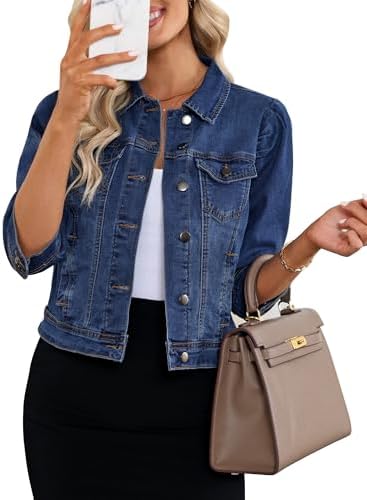 Vetinee Womens Jean Jacket Cropped Denim Jackets Stretchy 3/4 Puf...