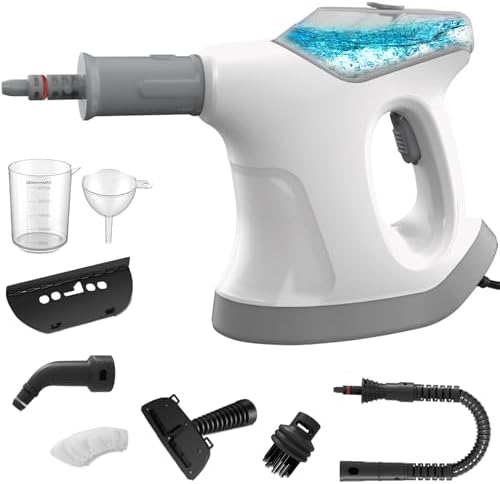 Handheld Steam Cleaner, 10S Immediate Heat Hand Held Steam Cleaner for Home, with Visualized Large Water Tank & 9 PCS Accessories & Safety Lock, for Window,Car,Kitchen,Couch,Floor (WHITE GREY)