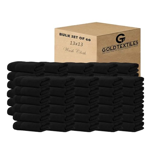 GOLD TEXTILES Wash Cloths Bulk (13x13 Inches, 60 Pack) Soft Ringspun Cotton Washcloths, Premium Highly Absorbent and Quick-Drying Face Towels Daily use for Showering, Gym, Spa, Hotel (60, Black)