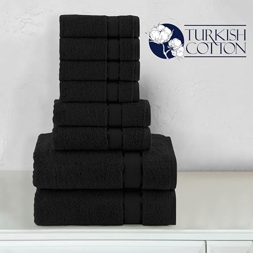 Image of Elegant Comfort Premium Cotton 8-Piece Towel Set, Includes 4 Washcloths, 2 Hand Towels and 2 Bath Towels, 100% Turkish Cotton - Highly Absorbent and Super Soft Towels for Bathroom, Black