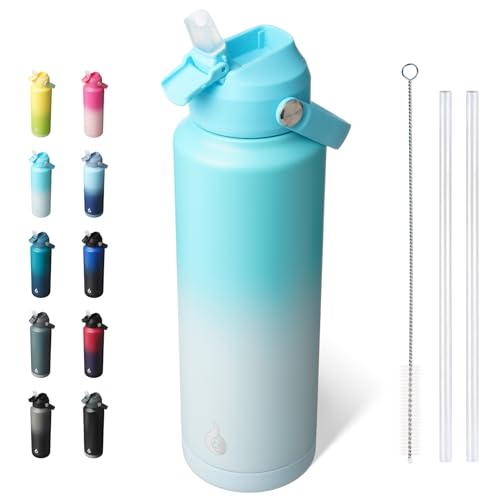 Image of BJPKPK Insulated Water Bottle with Straw Lid, 40oz Large Thermo, BPA Free Leak Proof Stainless Steel Metal Water Bottles, Tumblers, Cups, Flasks for Travel, Sports,Sea Salt