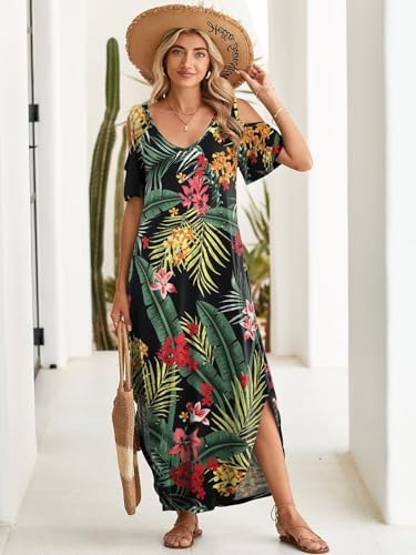 Image of BELAROI Womens Cold Shoulder Maxi Dress Plus Size V Neck Summer Sundresses with Pockets Beach Coverup Vacation Outfits