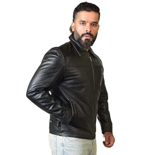 Image of Body Guard Men's Genuine Leather Jacket - Black Motorcycle Riding Jacket with Front Zipper, Shirt Collar & Two Pockets | Stylish Winter Wear for Bikers & Casual Outfits