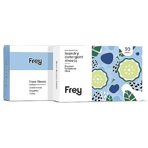 FREY Laundry Detergent + Dryer Sheets Bundle, 60 Count - Plastic Free Liquidless Full Wash Solution for Soft, Fresh Clothes, Bergamot Sandalwood Clove Scent Cover