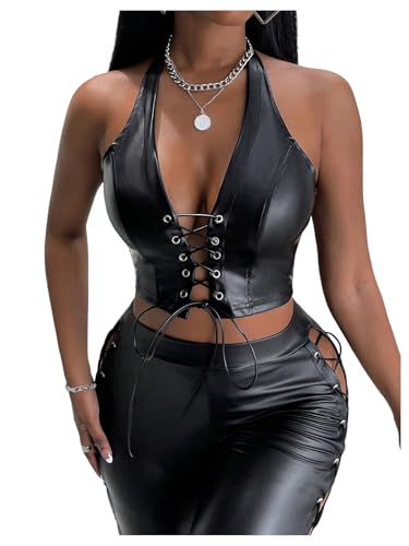 Floerns Women's Y2k Leather Halter Top Lace Up Sleeveless Concert...