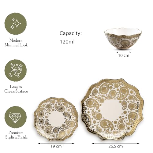 Image of Timeless Elegance Dinner Set, White & Gold, 18 Piece | Gold Plated, Porcelain Crockery with Scalloped Rim, For 6 People, 6 Dinner Plates, 6 Quarter Plates & 6 Veg Bowls, DSS02