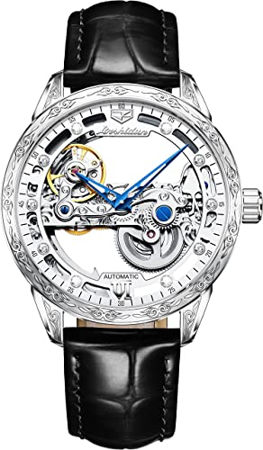 Men's Skeleton Automatic Mechanical Leather Watches Tourbillon Flywheel Steampunk Wrist Watches (Black/White)
