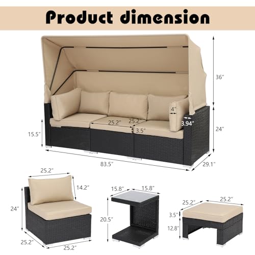TITIMO 7 Pieces Patio Furniture Set Outdoor Conversation Set Daybed with Retractable Canopy Patio Sectional Rattan Sofa Set with Table for Poolside (Black Rattan Beige Cushion) - Thumbnail 6