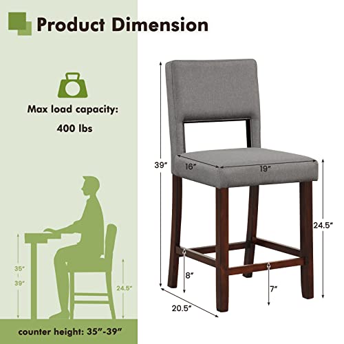 Image of COSTWAY 24.5'' Counter Height Barstools Set of 2 w /Rubber Wood Legs, Grey | Linen Upholstered Bar Stools w / Hollowed Back & Footrest, Mid-century Modern Tall Chair for Kitchen Island Home Bar Pub