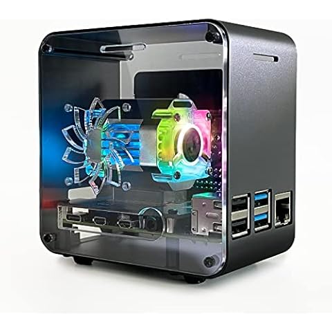 ElectroCookie Raspberry Pi 4 Case, Aluminum Mini Tower Case with Dual Power Cooler and Color Changing Ambient Light (Matte Black) Cover