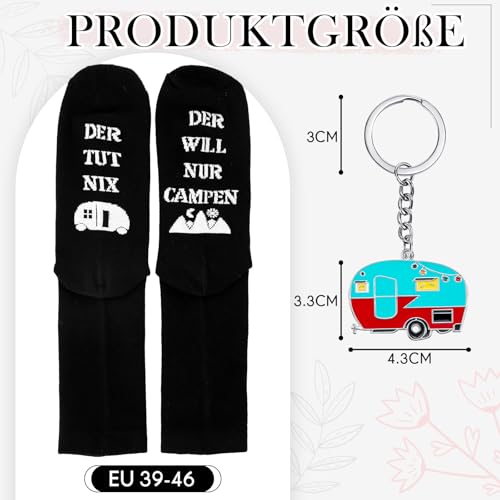 Jadive 2 Stück Camping Geschenke 1 Paar Camping Socken und 1 Wohnwagen Schlüsselanhänger Lustiges Camping Zubehör für Männer Frauen Reise Camping Liebhaber Geburtstag Geschenke(Schwarz,39-46)