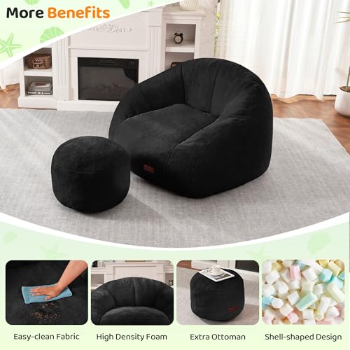 Image of HABUTWAY Bean Bag Chair, Giant Bean Bag Chairs for Adults with Ottoman, Comfy Faux Fur Shell-Shaped Bean Bag Couch, Sofa Chair for Living Room, Bedroom, Black