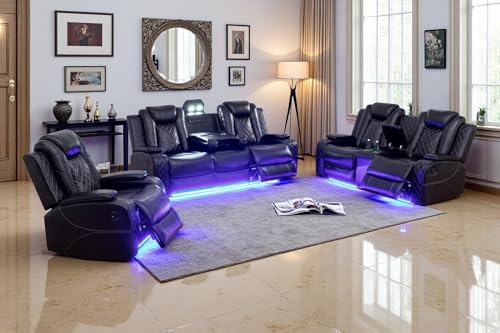 A Ainehome Power Recliner Set, Leather Sectional Sofa Set for Living Room, Home Theater, with LED Lights, Cup Holder, Hide-Away Storage(B-Black,3pcs Sofa Set)