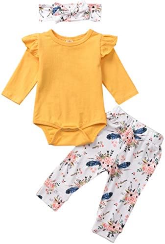 Marksmile Infant Baby Girls Summer Autumn Outfits Flutter Solid Color Knitted Cotton Tops + Striped Floral Pants Bodysuits 2Pcs
