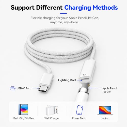 Image of Verilux C Type Charger Cable for Apple Pencil 1st Generation 1M, USB C to Pencil Adapter Compatible with iPad 10th Gen 2022 11th Gen 2025, Bluetooth Pairing Connector for Fast Charging Easy Pairing