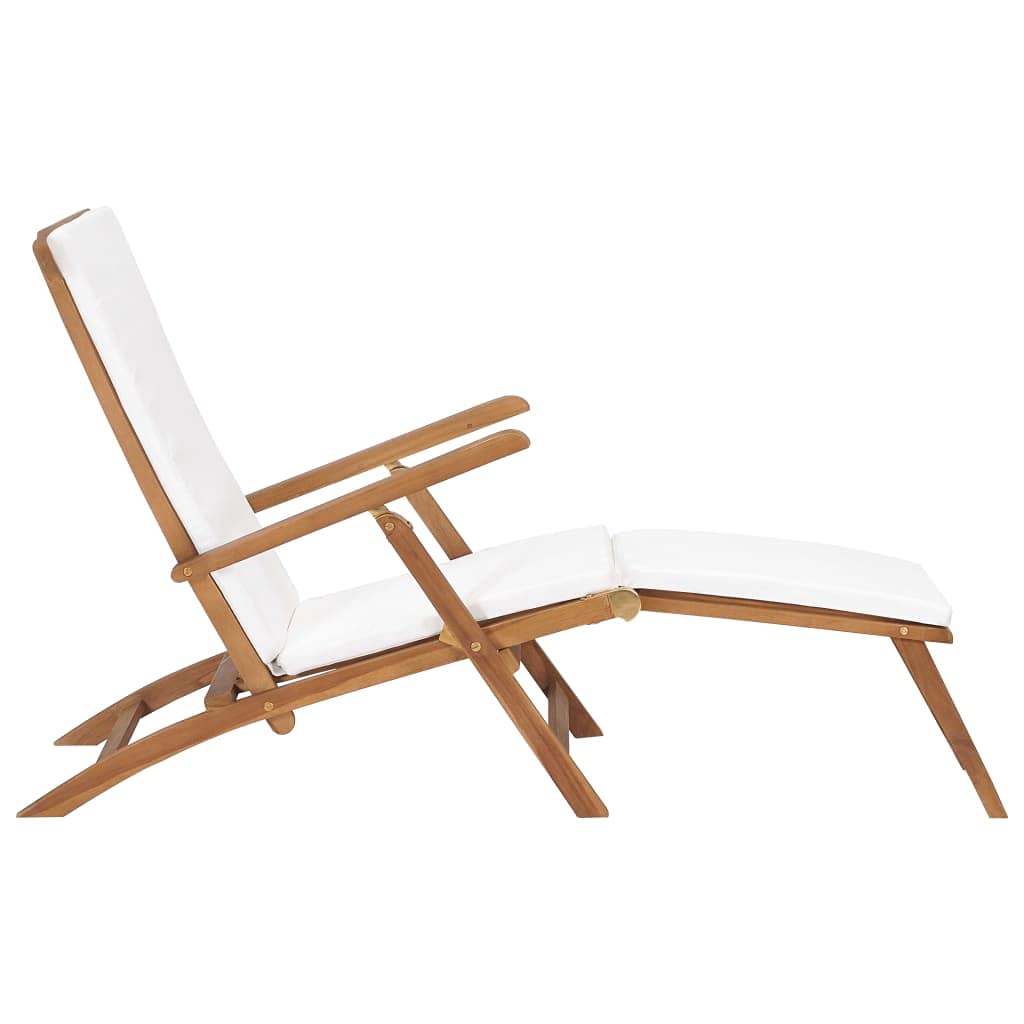 vidaXL Sedia a Sdraio con Cuscino Bianco Crema Legno Massello di Teak