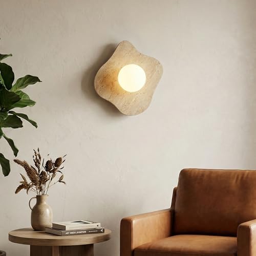 Image of Round Alabaster Wall Sconce, Modern Bathroom Light Fixture with Natural Marble Shade for Bedroom, Hallway, Stairs (Hardwired)