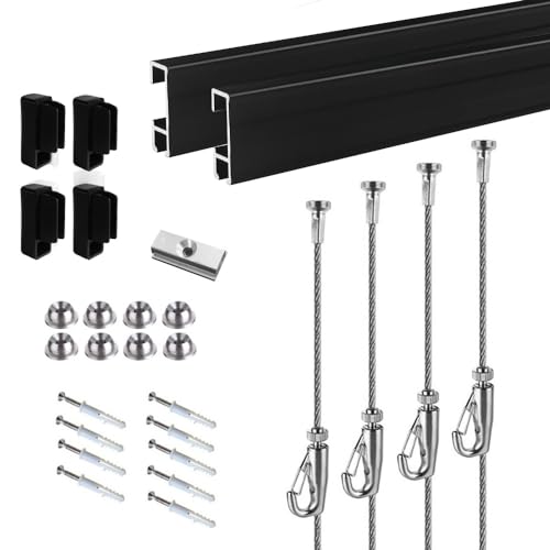 JUNMORE Picture Hanging Systems, for Art Galleries, Home, Two 48inch Rails, Click Rail Kits (2 Black...