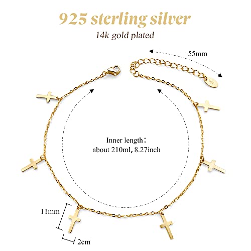 Positivelady 925 Sterling Silver Anklet 14K Gold Plated Dangle Cross Charm Gift For Woman Blessing Girl With Anti Oxidation Box #TOP6